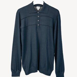 Armani Collezioni Navy Silk-Blend Knit Long Sleeve Polo